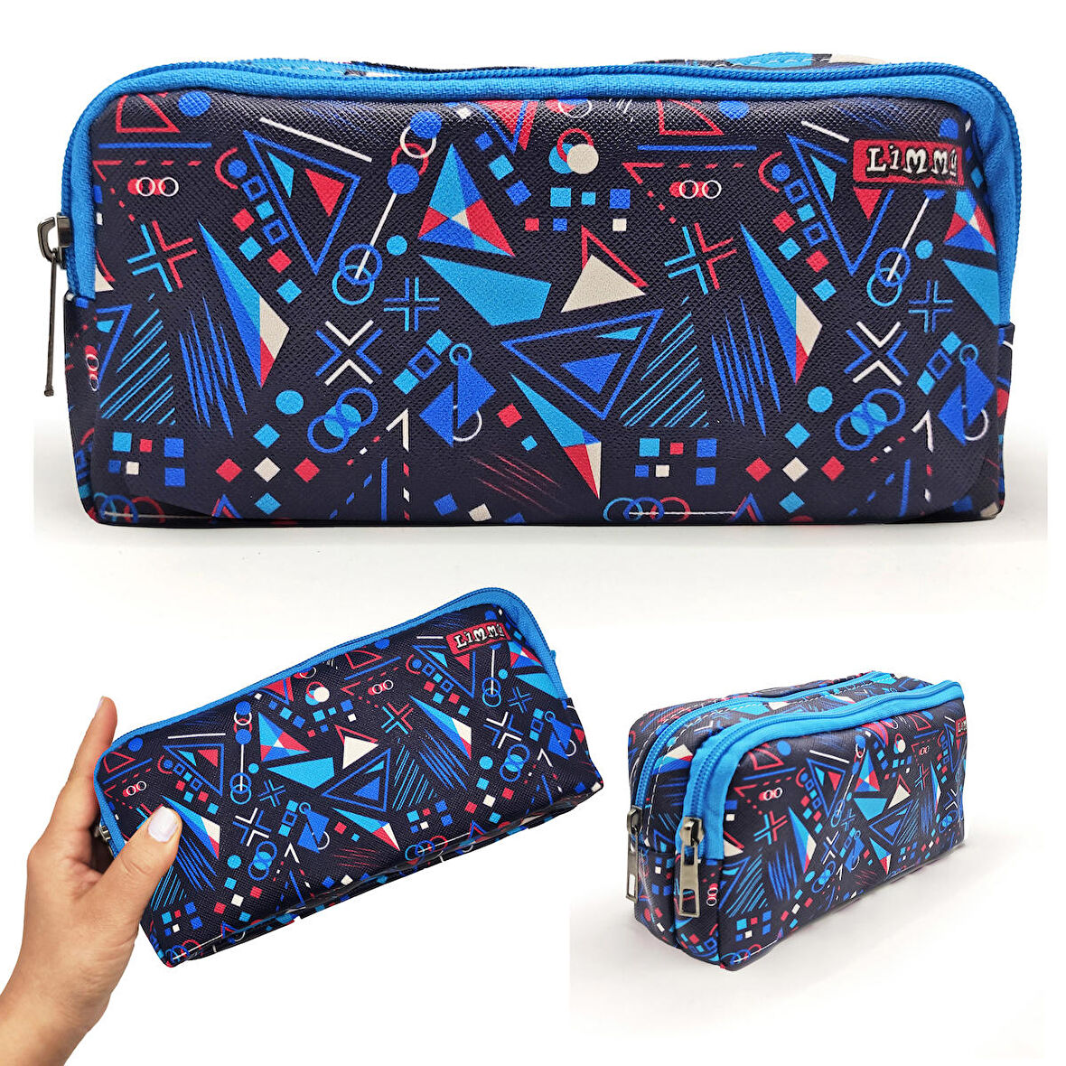 Kalem Kutusu Mavi Geometrik Kalemkutu Vegan Deri İki Bölmeli Kalemlik 