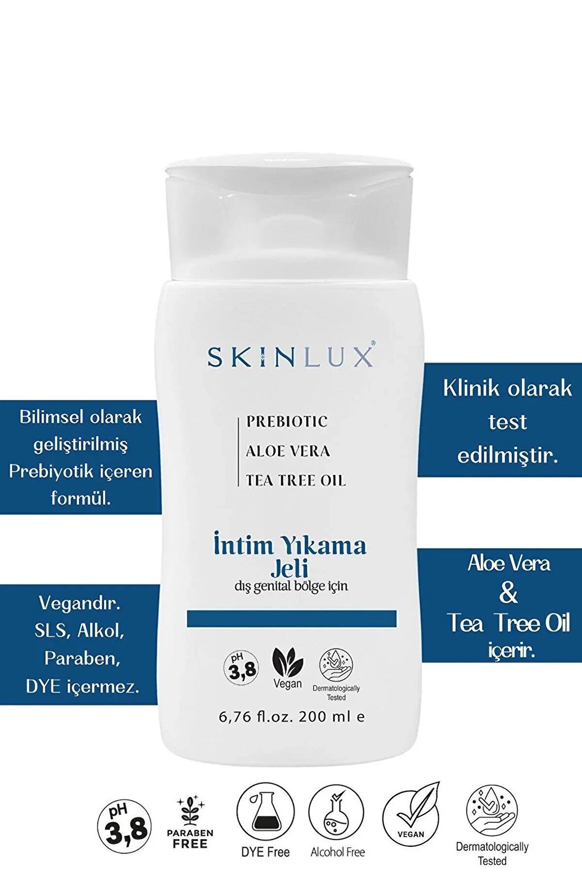 SKINLUX İntim Yıkama Jeli 200ml. Prebiotic, Vegan, 3.8ph, Koku Engelleyici