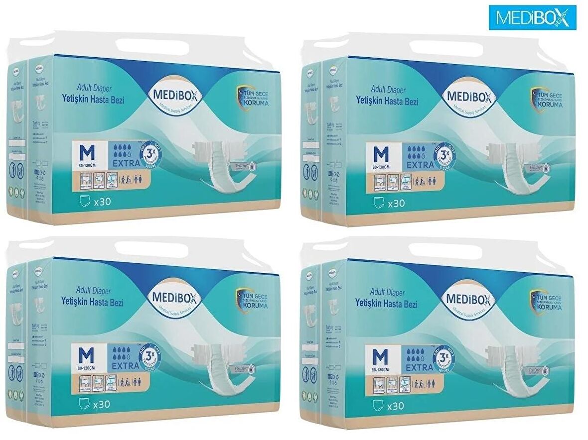 MEDIBOX Yetişkin Bel Bantlı Hasta Bezi Orta Boy Medium 120 Adet Erkek Kadın - 4 Paket