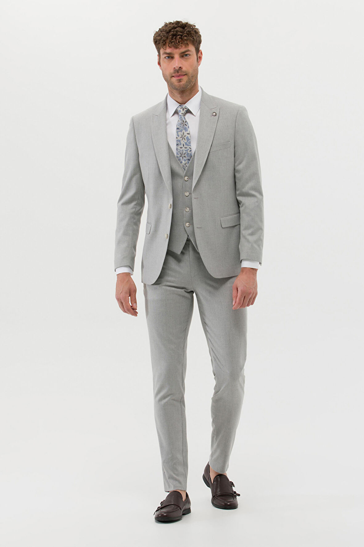 Erkek Ekstra Slim Fit Yelekli Takım Elbise - Gri | 56
