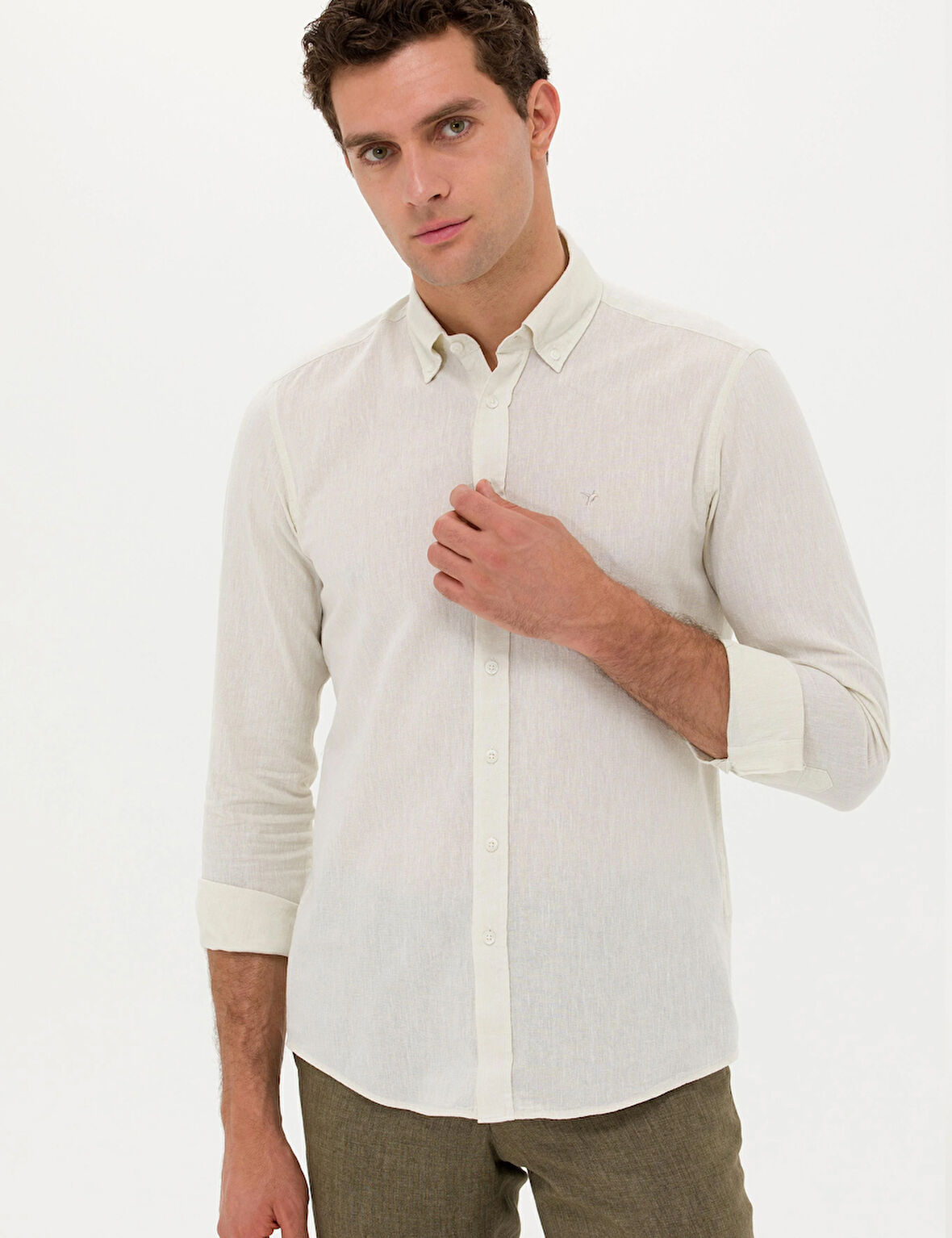 Erkek Keten Karışımlı Slim Fit Uzun Kollu Gömlek-Bej | 2XL