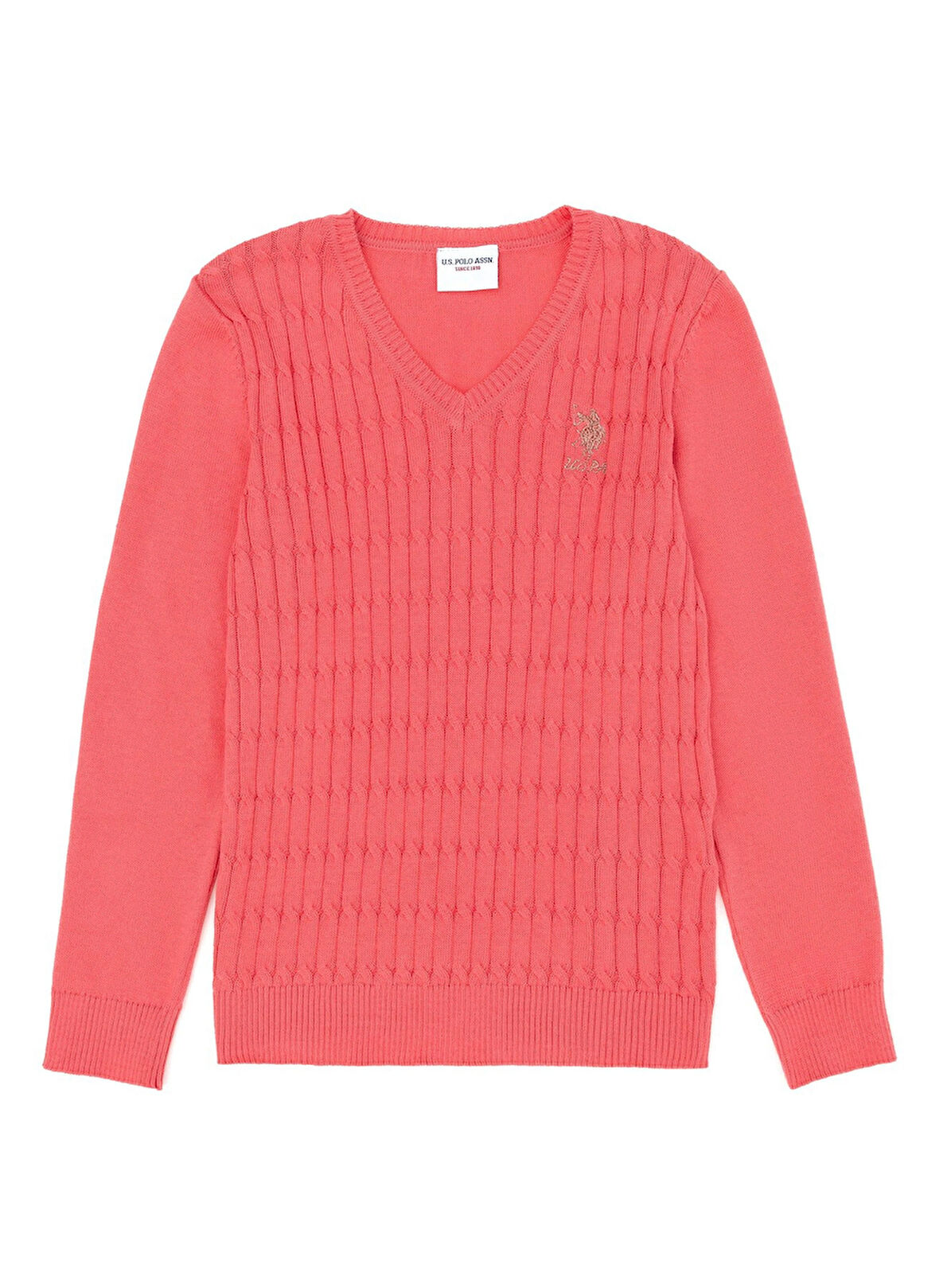 U.S. Polo Assn. V Yaka Slim Fit Örgü Desenli Pembe Kız Çocuk Kazak TD02-KIDS-BSK23