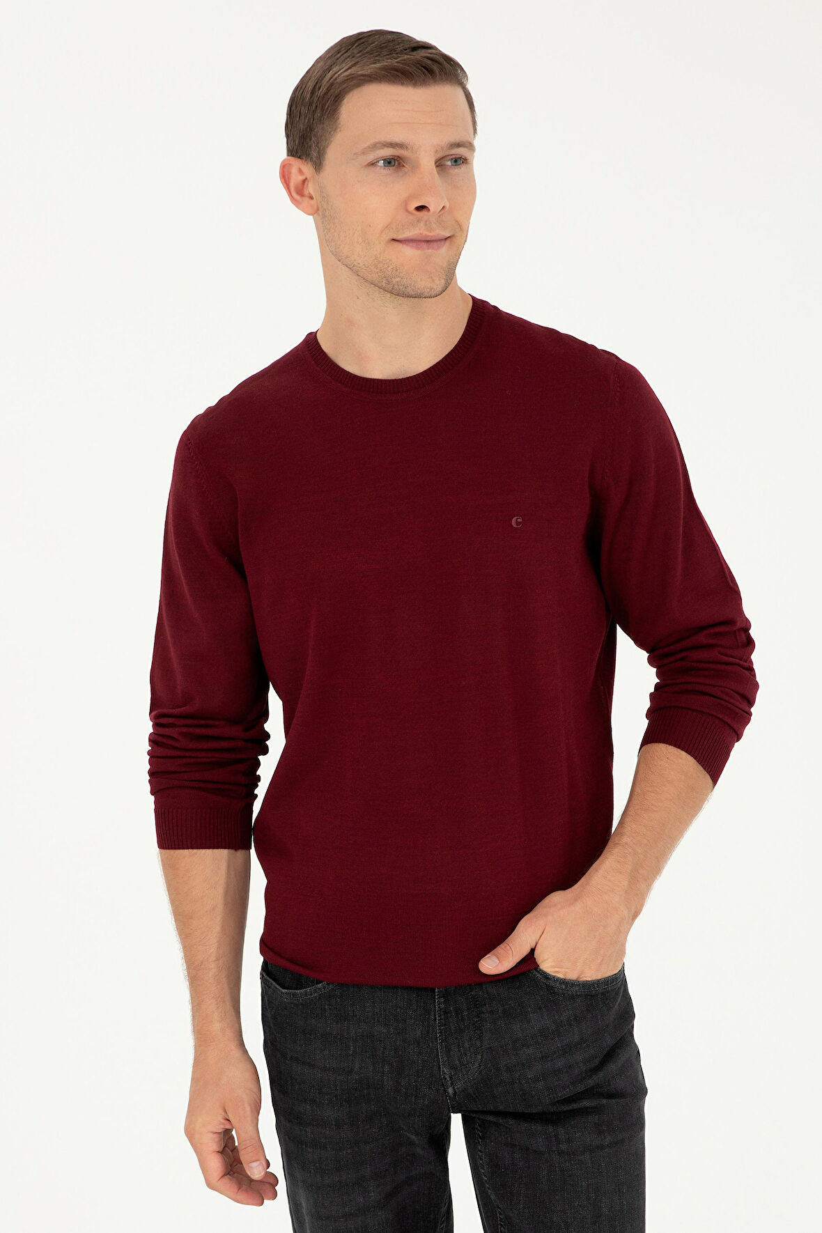 Erkek Slim Fit Basic Kazak - Bordo  | M