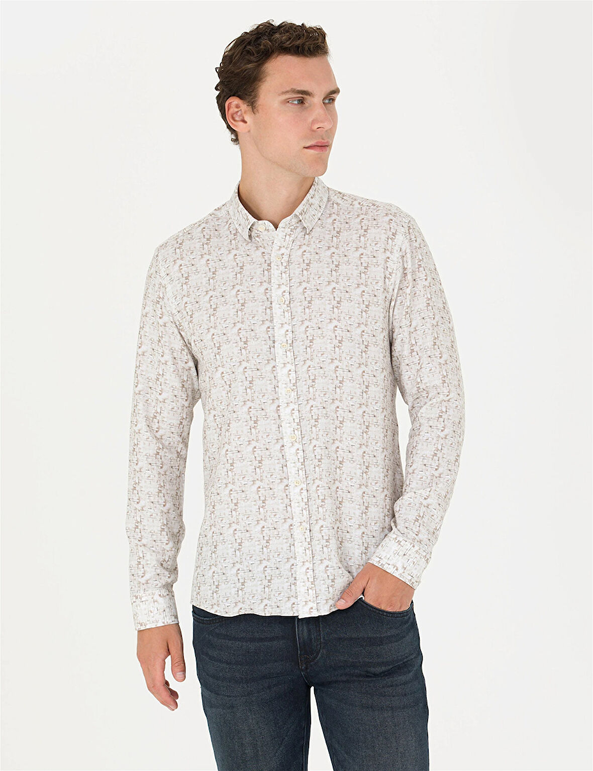 Erkek Slim Fit Uzun Kollu Gömlek - Haki | XS