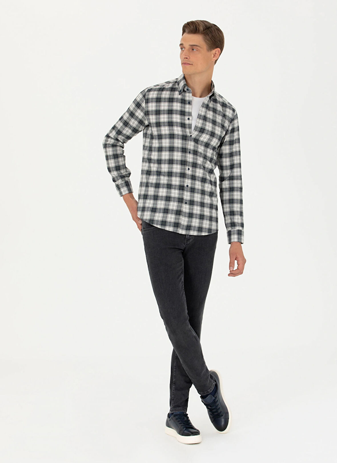 Cacharel Slim Fit Klasik Yaka Ekose Taş Erkek Gömlek VITO