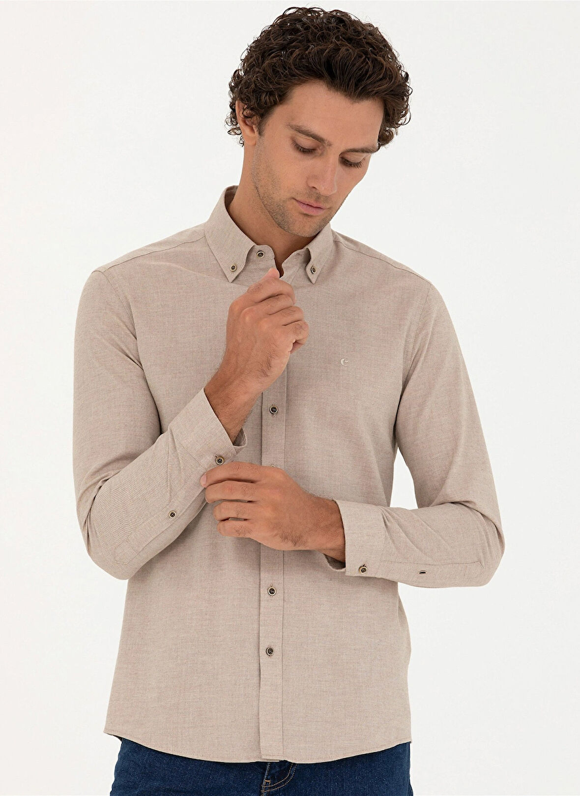 Cacharel Slim Fit Düğmeli Yaka Düz Bej Erkek Gömlek NEW ANGOLA