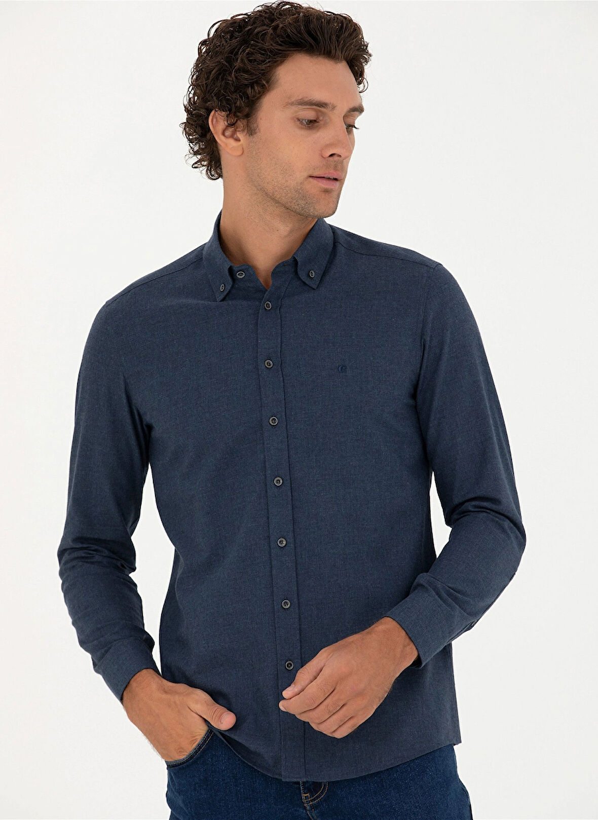 Cacharel Slim Fit Düğmeli Yaka Düz Lacivert Erkek Gömlek NEW ANGOLA