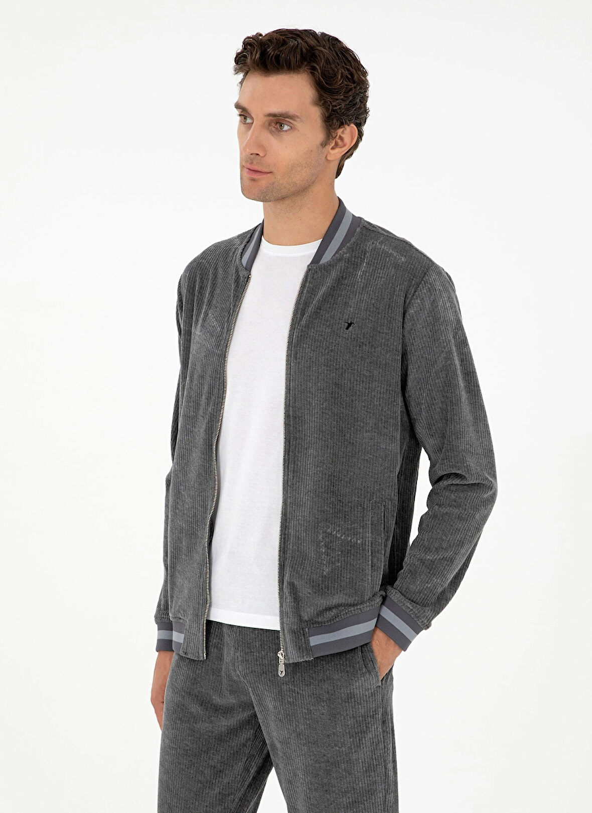 Cacharel Dik Yaka Düz Antrasit Erkek Sweatshırt RONDA