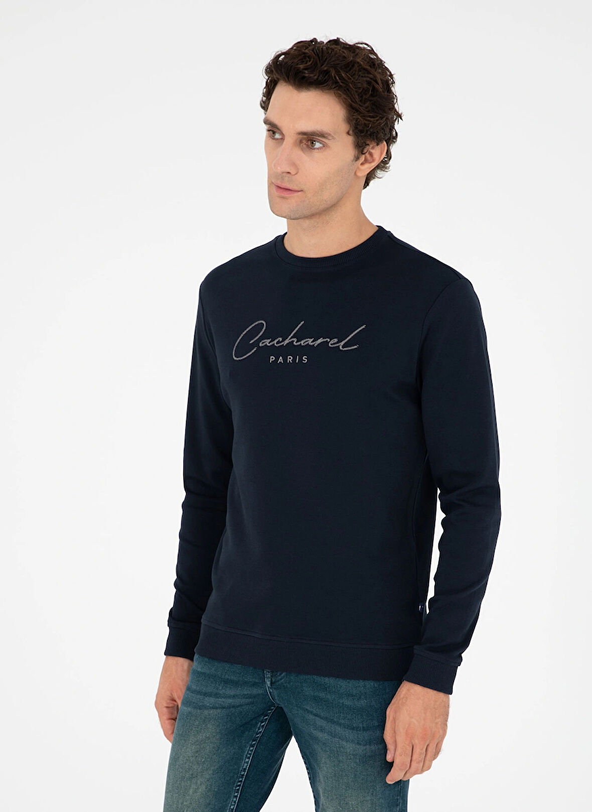 Cacharel Bisiklet Yaka Desenli Lacivert Erkek Sweatshırt SHELDON