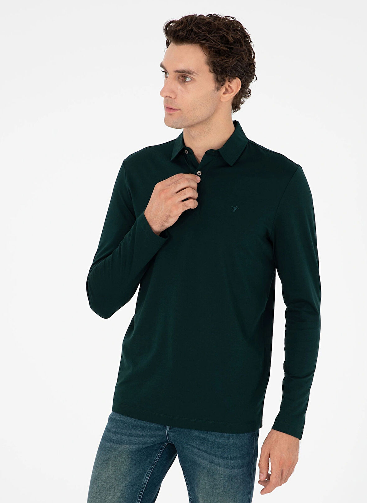 Cacharel Polo Yaka Düz Zümrüt Yeşili Erkek Sweatshırt HERBERT