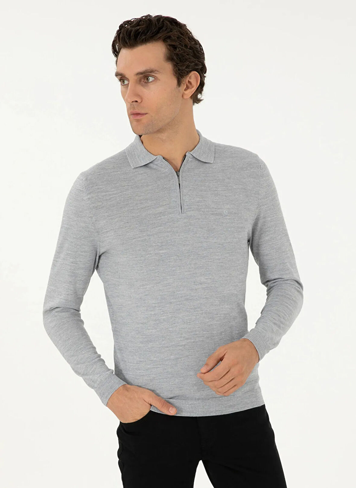 Cacharel Polo Yaka Regular Fit Düz Gri Erkek Kazak ELZIP