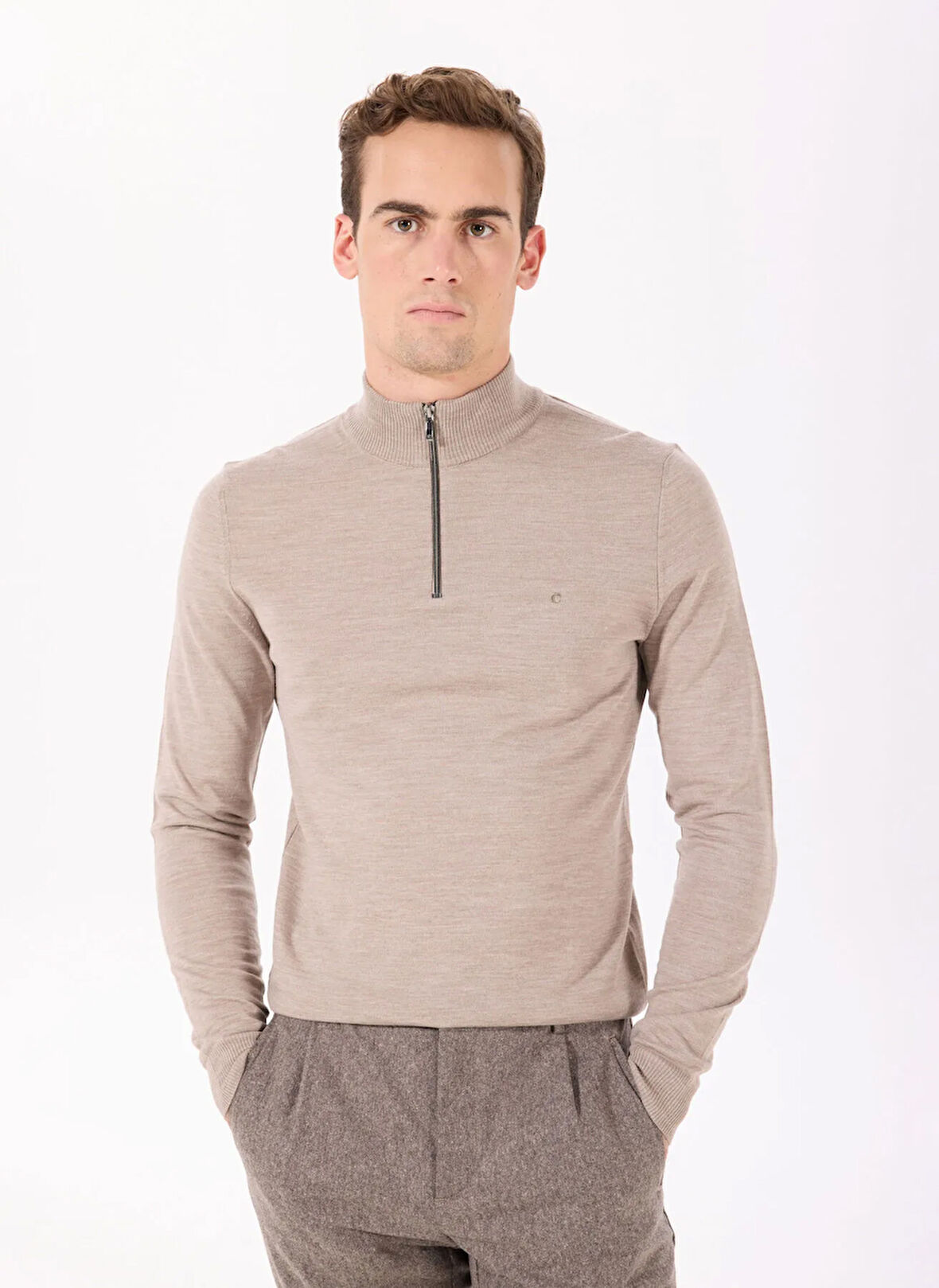 Cacharel Bisiklet Yaka Regular Fit Düz Vizon Erkek Kazak ELFER