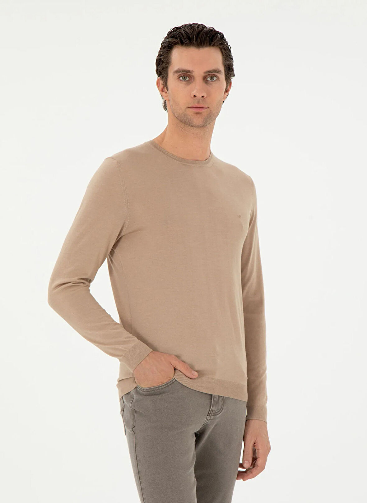 Cacharel Bisiklet Yaka Slim Fit Düz Bej Erkek Kazak CASSA