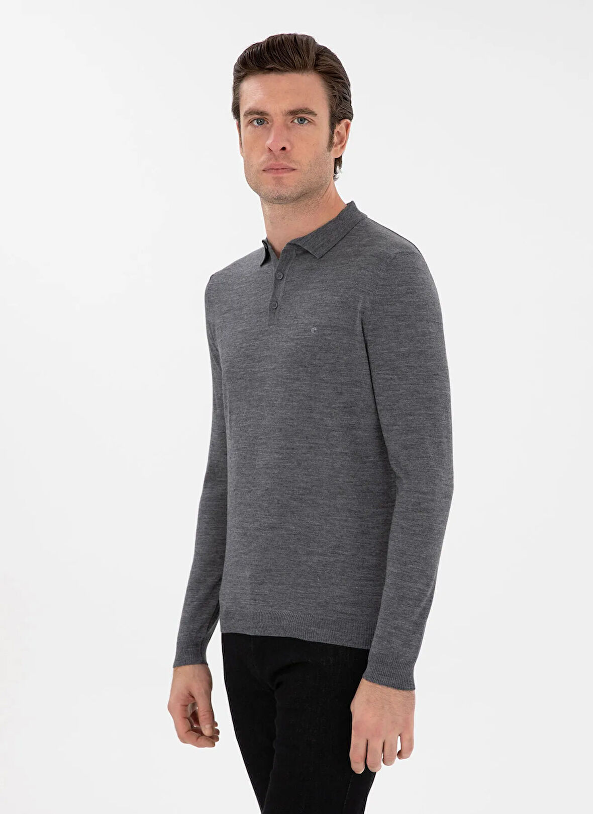 Cacharel Polo Yaka Slim Fit Düz Füme Erkek Kazak ELIP