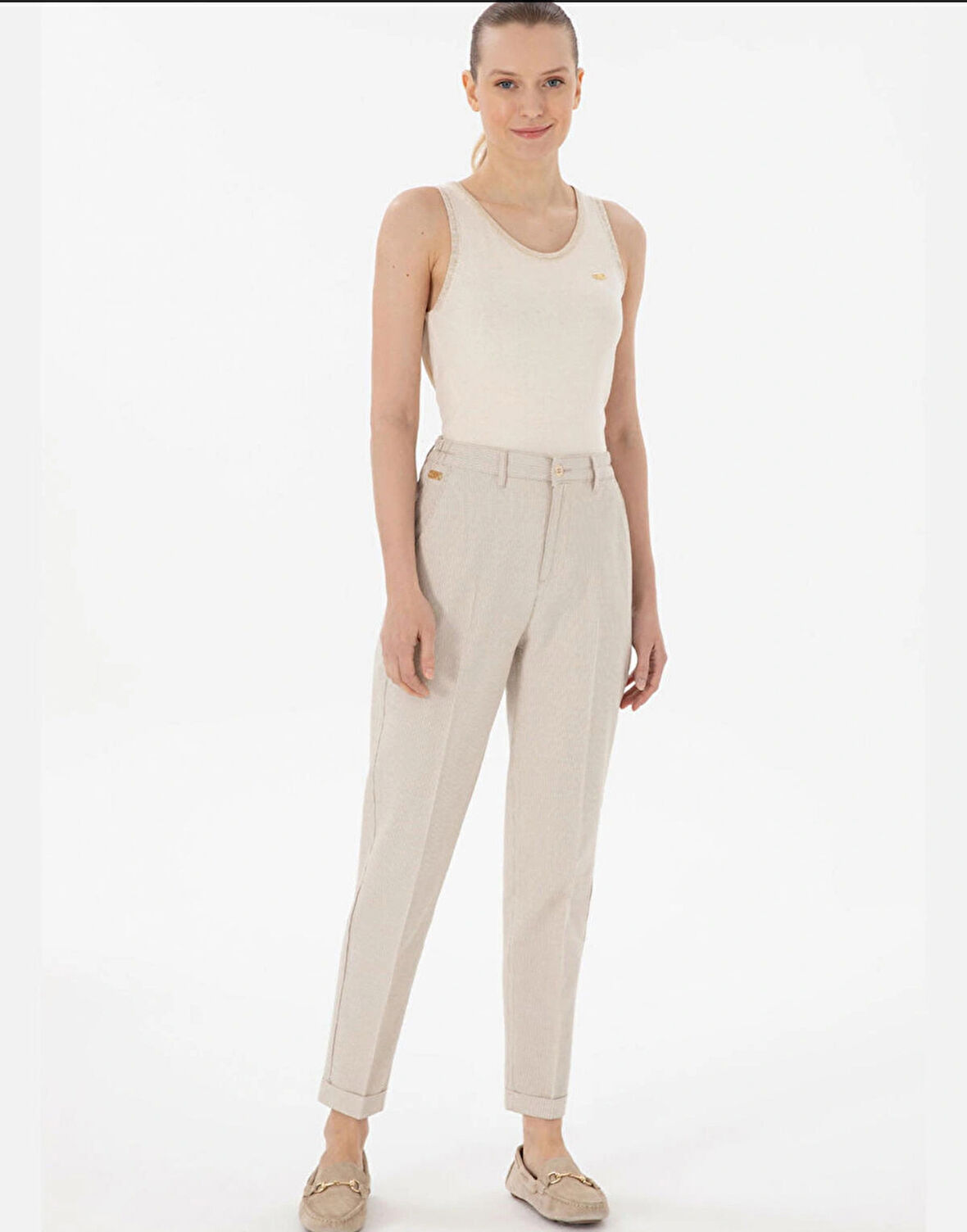 U.S. Polo Assn. Haki Kadın Çizgili Keten Karışımlı Carrot Fit Kanvas Pantolon DMK.2185010EGON25Y.