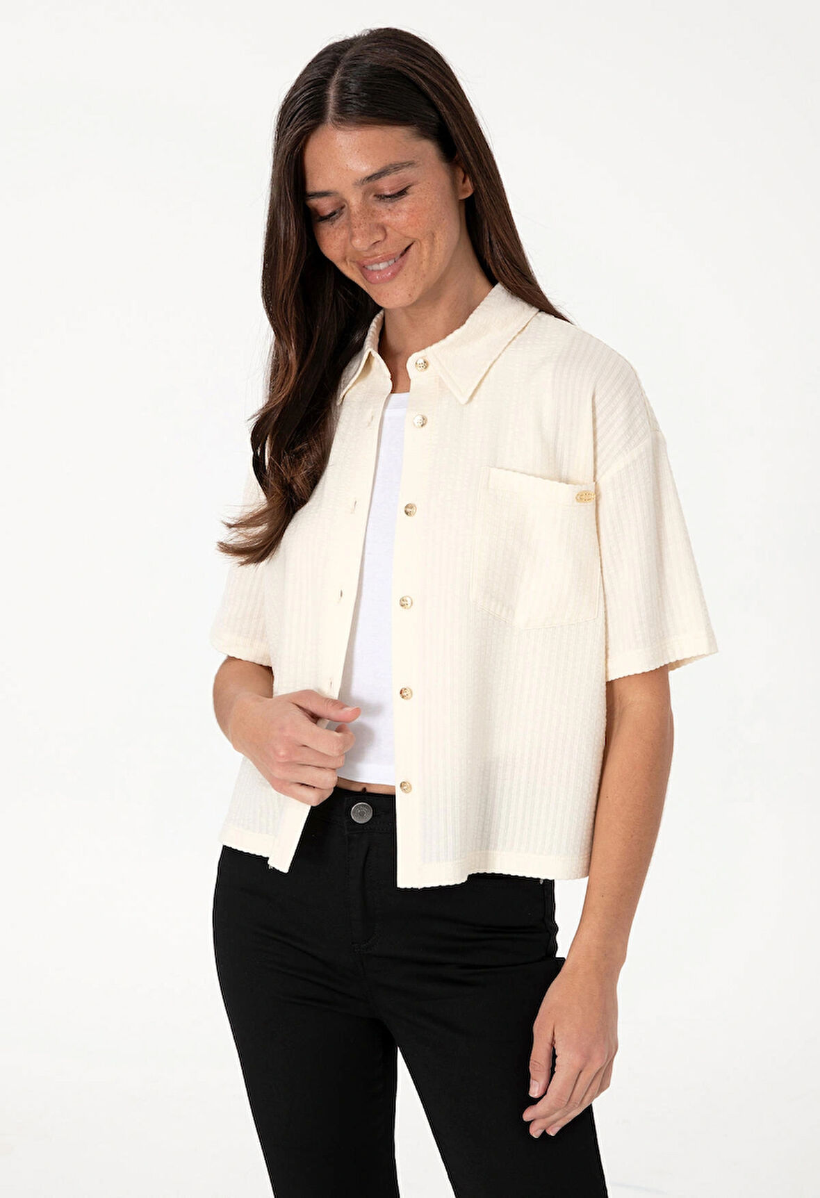 U.S. Polo Assn. Ekru Kadın Cropped Fit Gömlek DMK.2104541SOLE.
