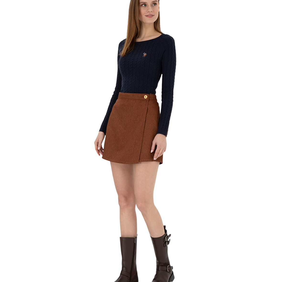 Kadın Kahverengi Mini Boy Dokuma Şort Etek