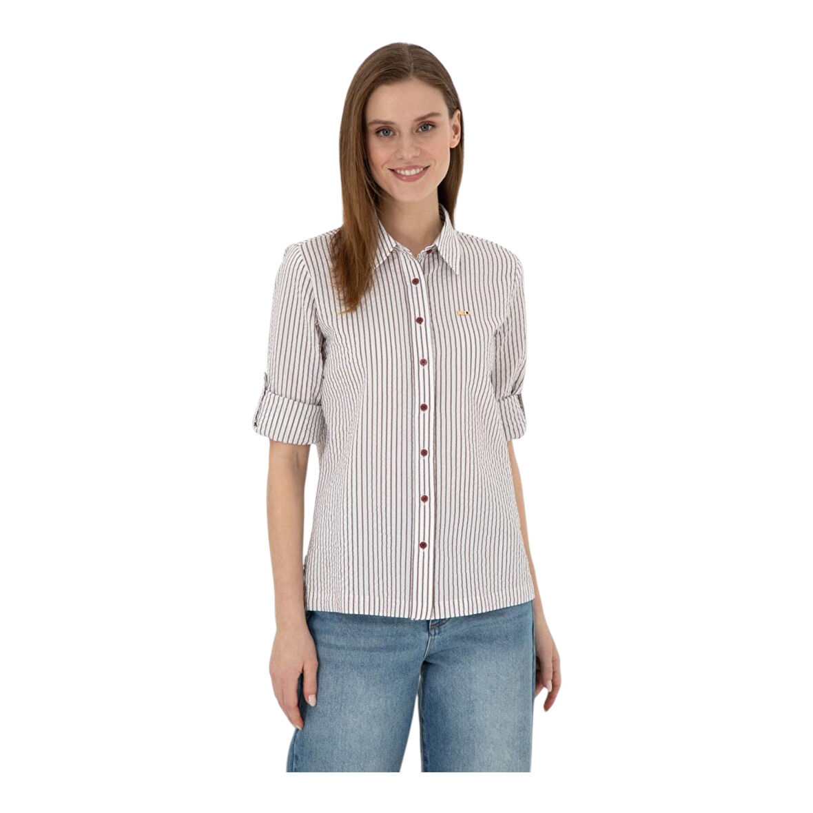 Kadın Bordo Uzun Kollu Çizgili Gömlek