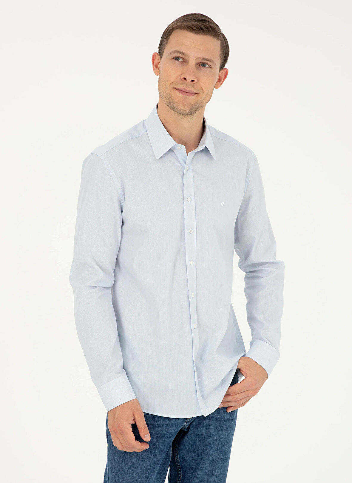 Cacharel Slim Fit Klasik Yaka Çizgili Mavi Erkek Gömlek SANZA