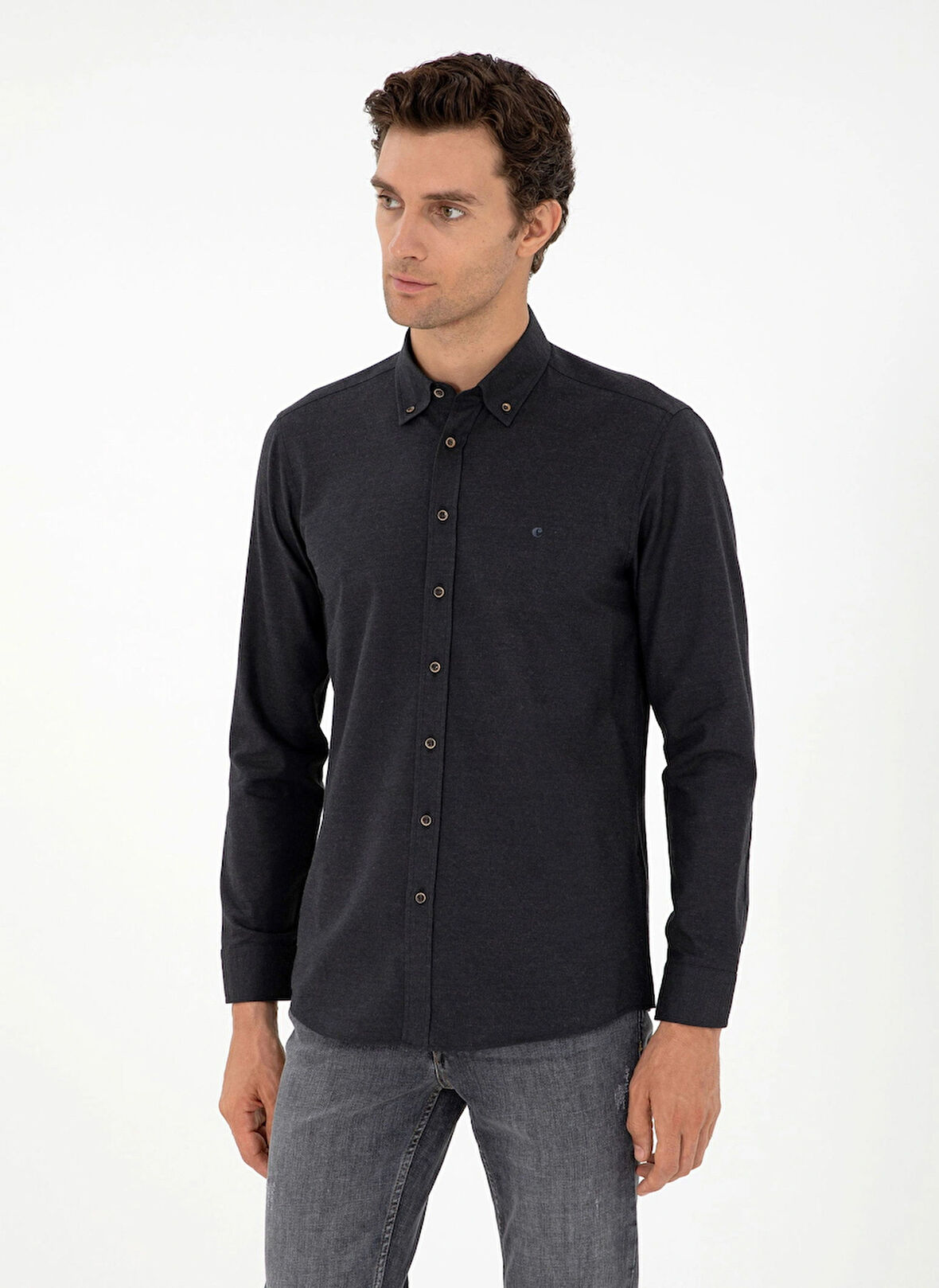 Cacharel Slim Fit Düğmeli Yaka Düz Siyah Erkek Gömlek NEW ANGOLA