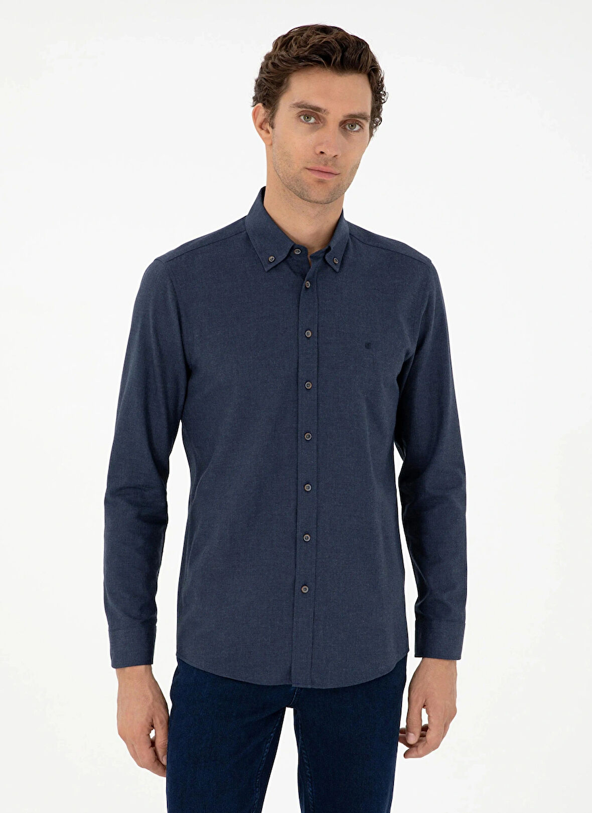 Cacharel Slim Fit Düğmeli Yaka Düz Lacivert Erkek Gömlek NEW ANGOLA