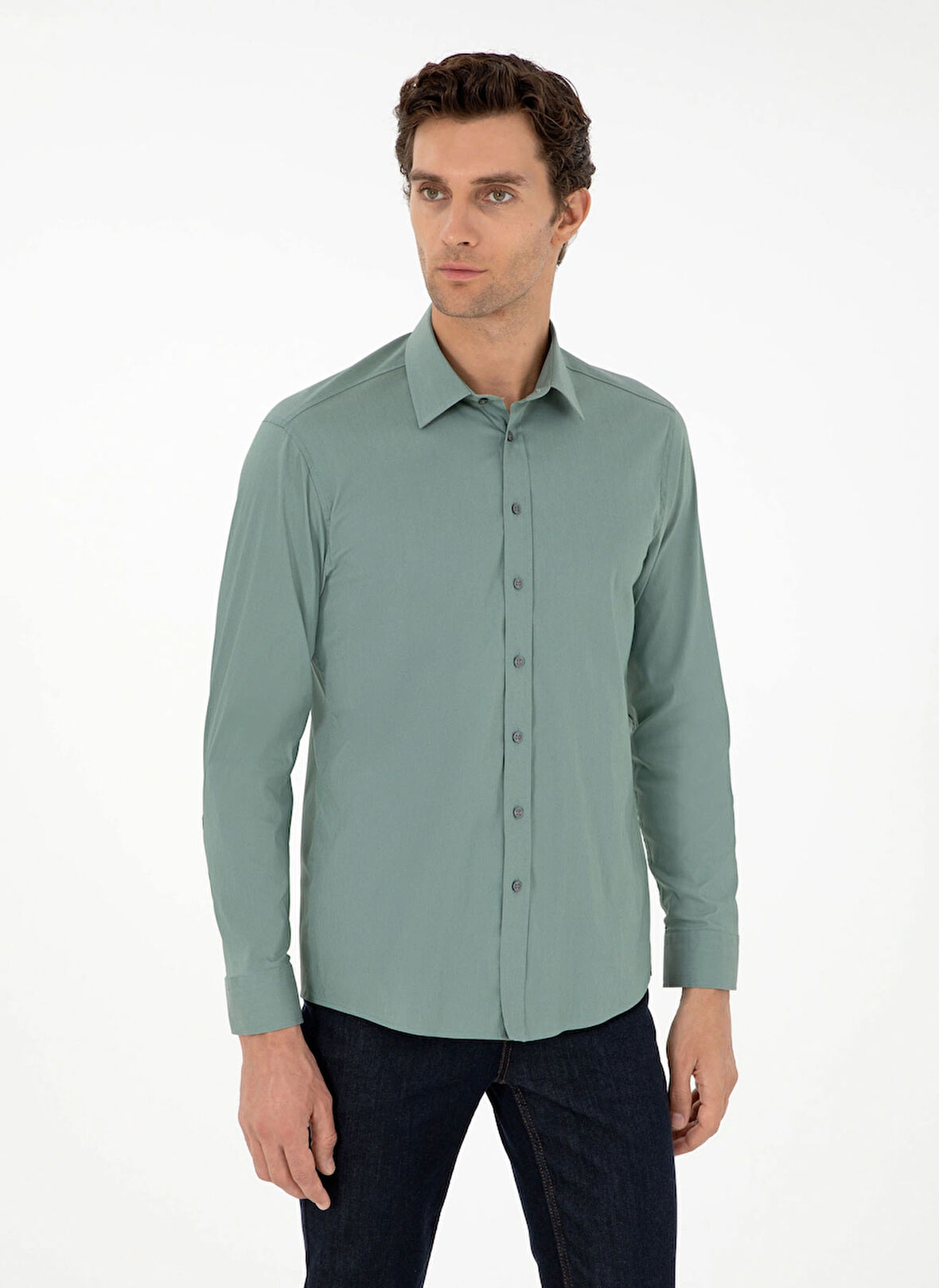 Cacharel Slim Fit Klasik Yaka Düz Yeşil Erkek Gömlek PIXEL