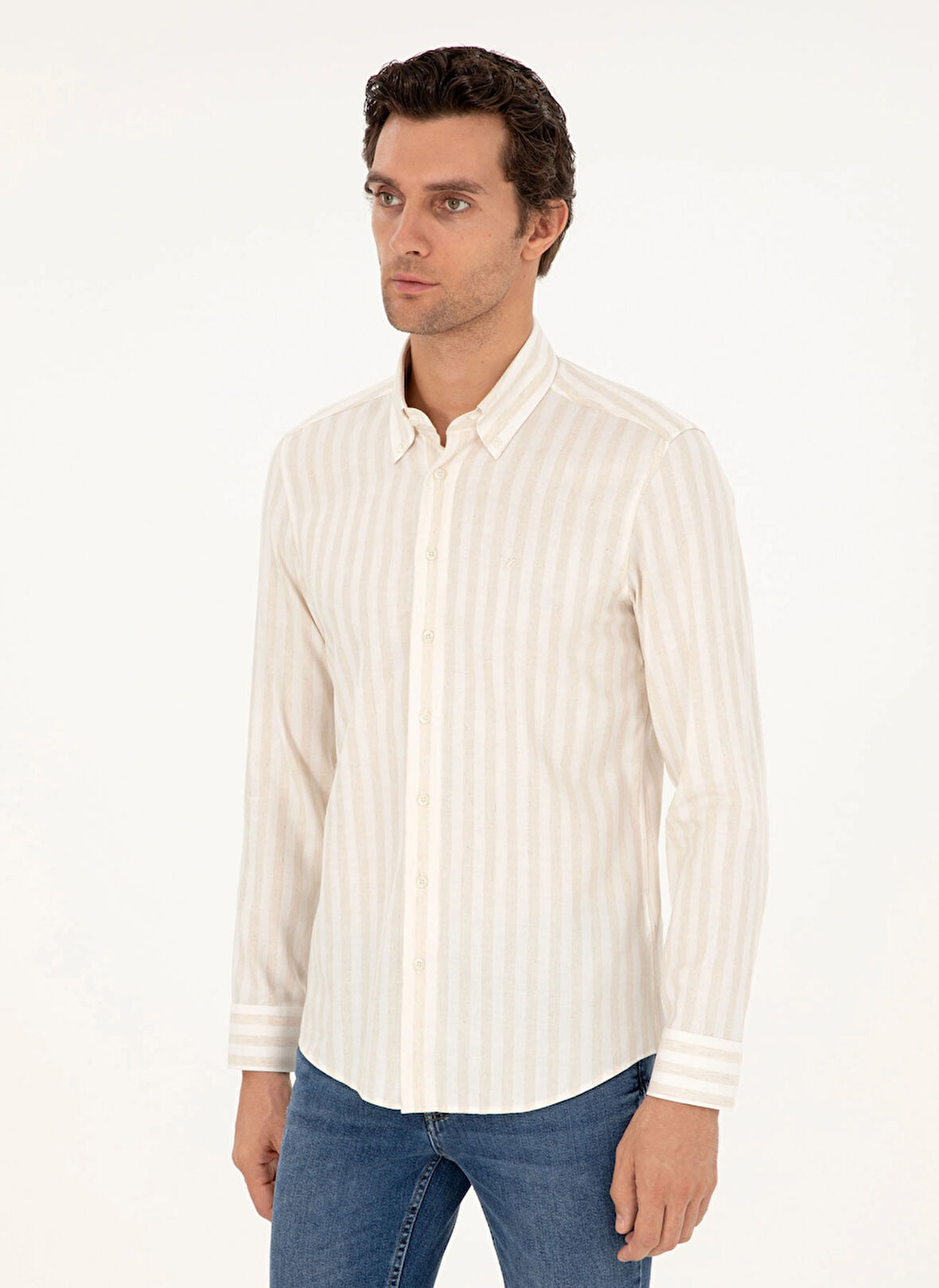 Cacharel Slim Fit Düğmeli Yaka Çizgili Bej Erkek Gömlek ABUJA