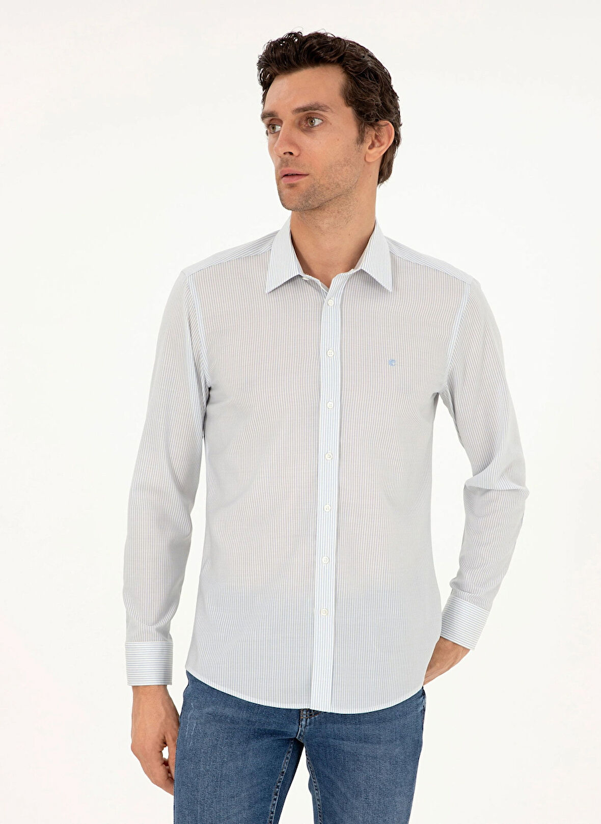 Cacharel Slim Fit Klasik Yaka Çizgili Mavi Erkek Gömlek OWEN