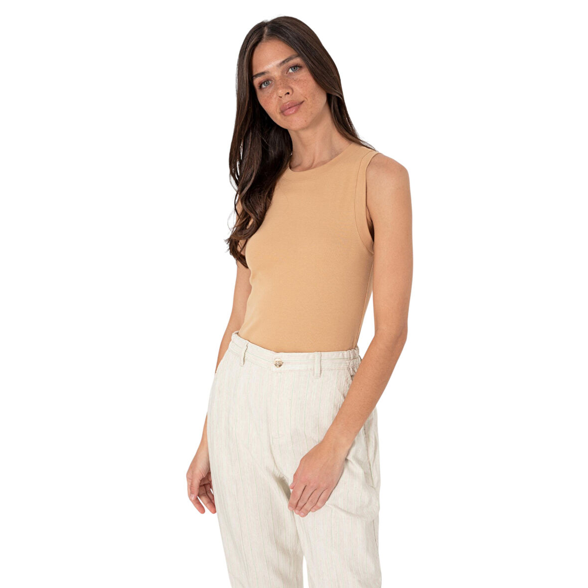 Kadın Camel Kolsuz Bisiklet Yaka Basic Tişört