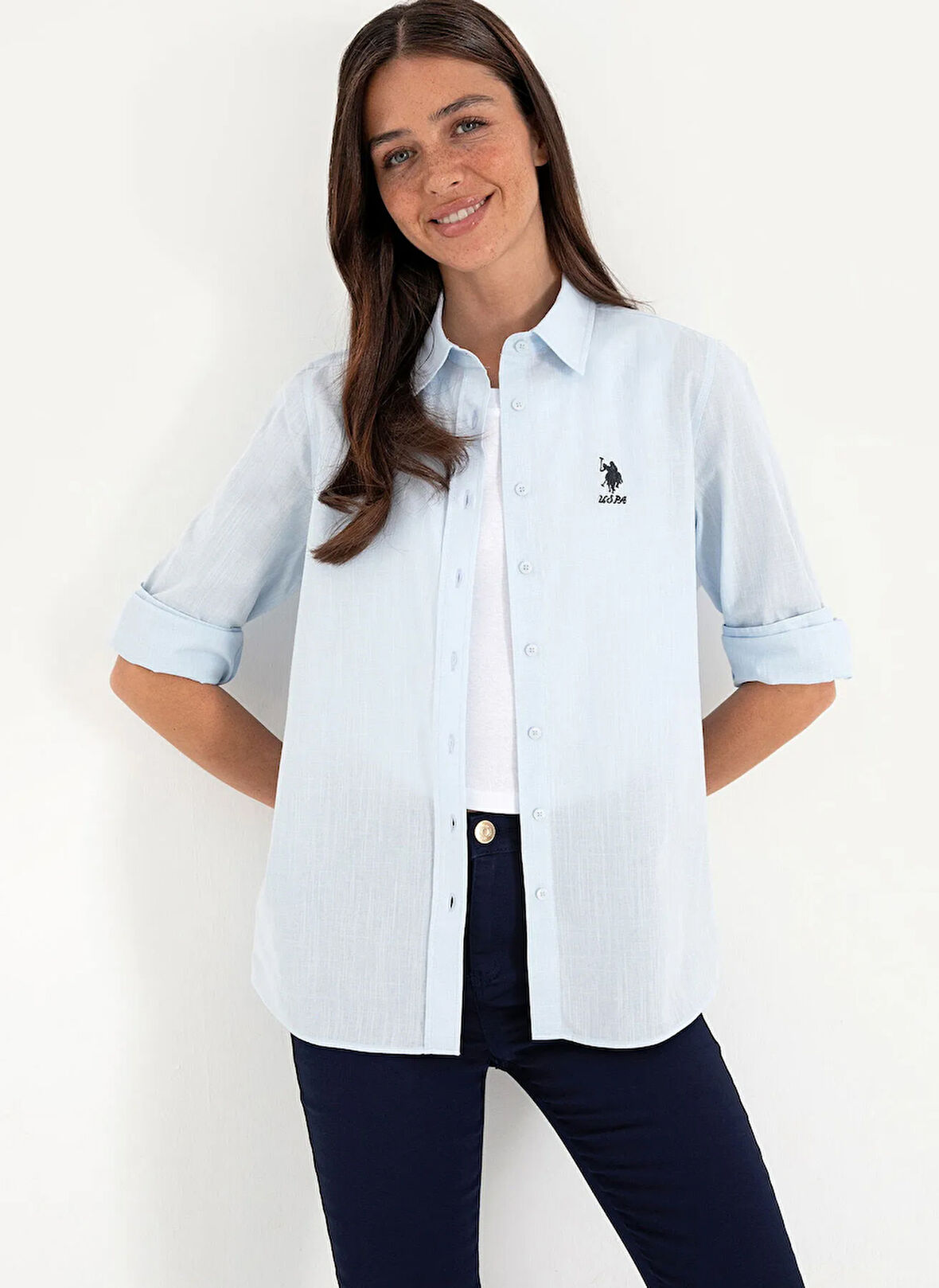 U.S. Polo Assn. Regular Fit Gömlek Yaka Açık İndigo Kadın Gömlek ELMYGL