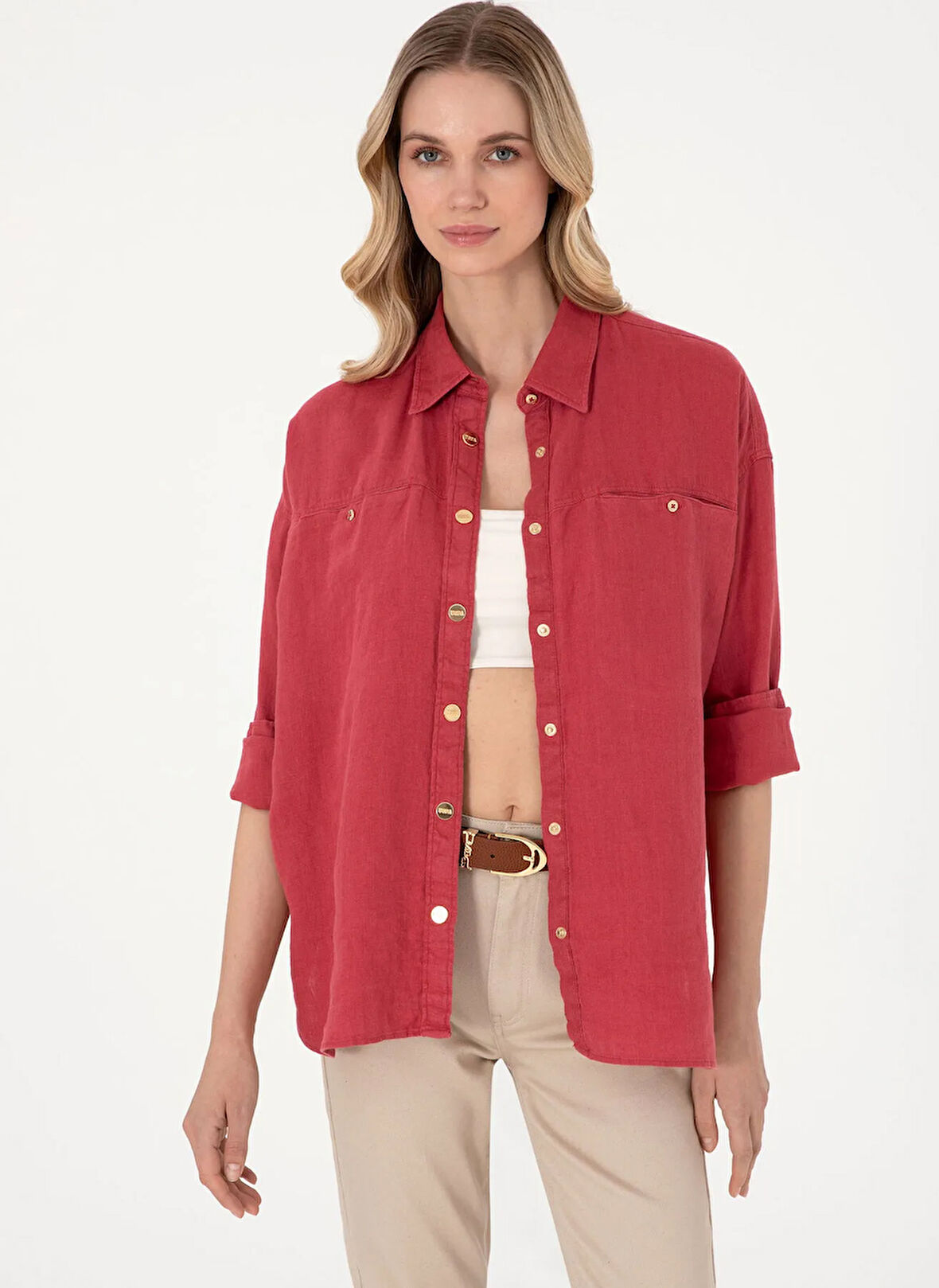 U.S. Polo Assn. Oversized Gömlek Yaka Bordo Kadın Gömlek EX-ZULU