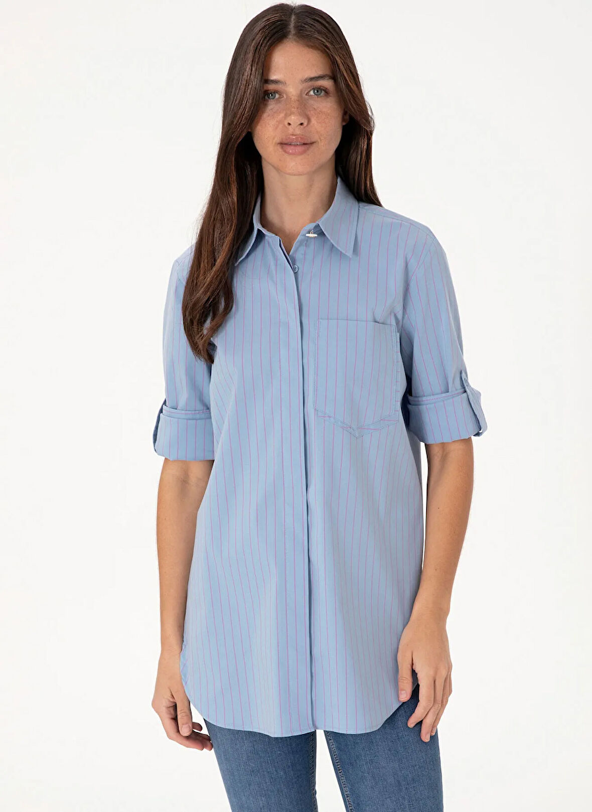 U.S. Polo Assn. Comfort Fit Gömlek Yaka Mavi Kadın Gömlek LIPPE