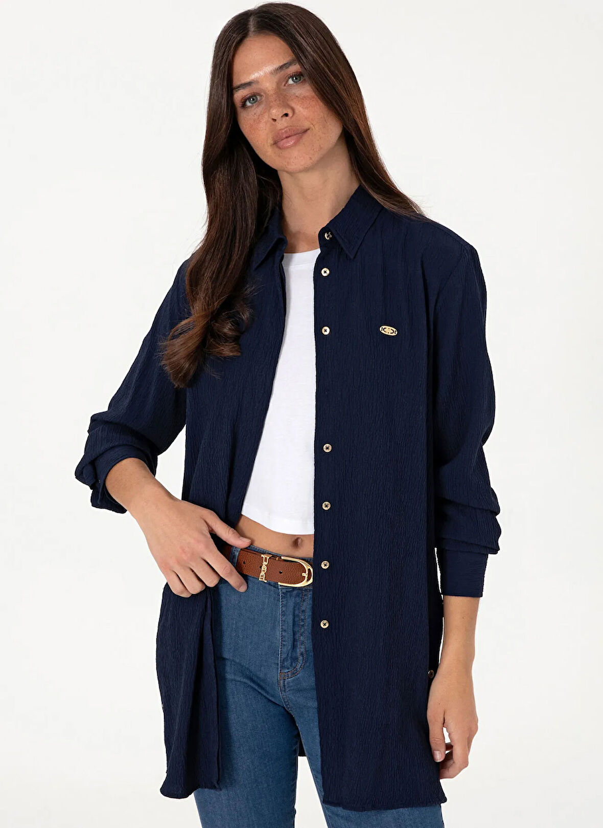 U.S. Polo Assn. Comfort Fit Gömlek Yaka Lacivert Kadın Gömlek SOLIS25Y-TNK