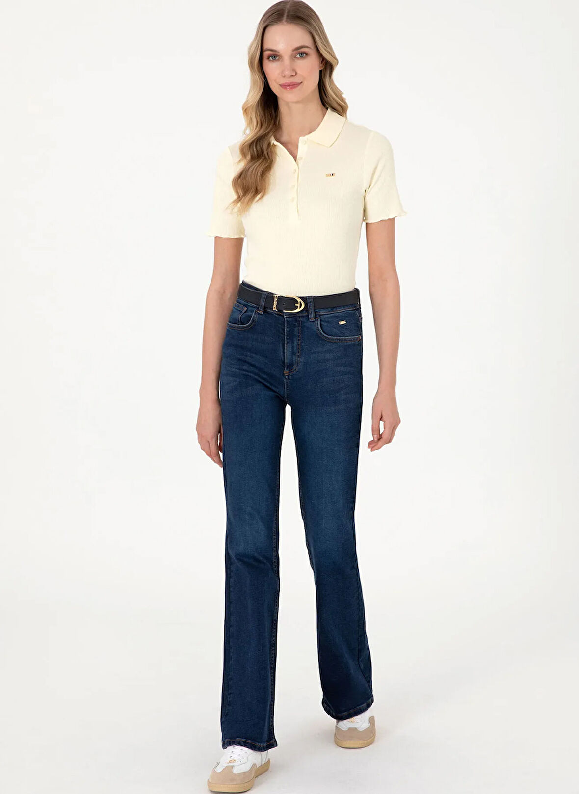 U.S. Polo Assn. Orta Bel Geniş Paça Flare Koyu İndigo Kadın Denim Pantolon MADELENE25Y