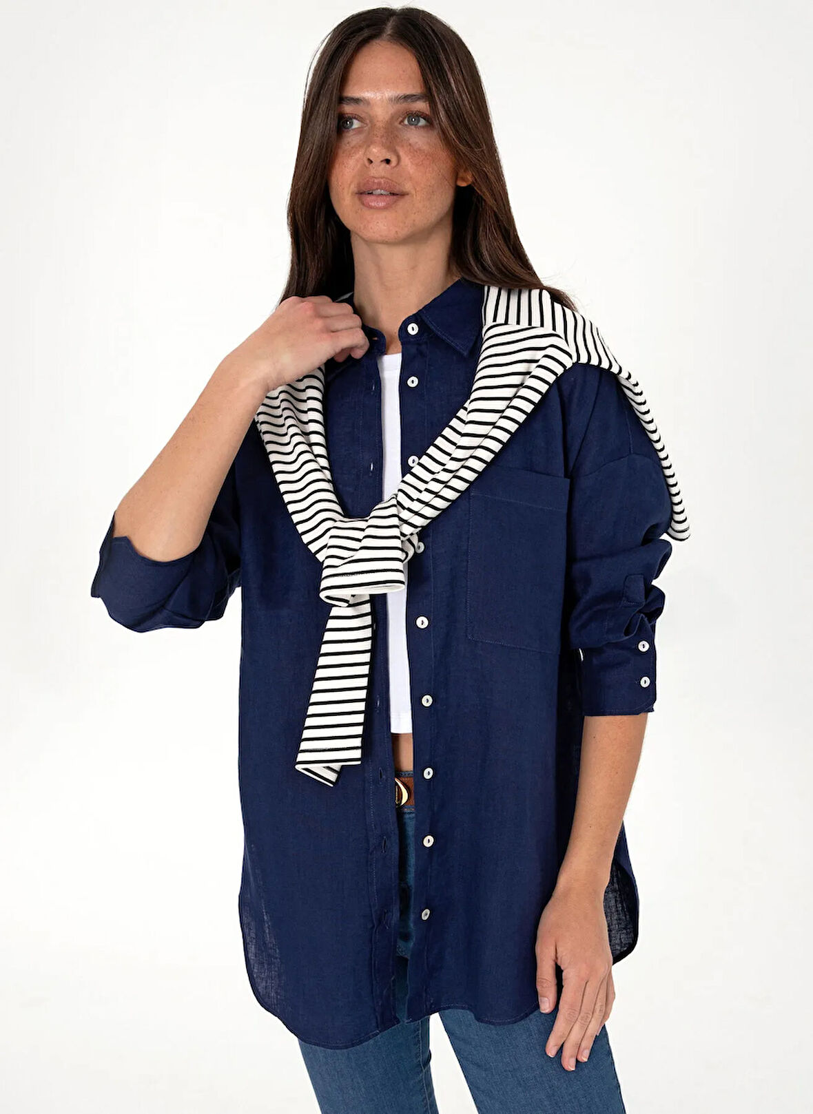 U.S. Polo Assn. Oversized Gömlek Yaka Lacivert Kadın Gömlek EX-LINOSA025Y