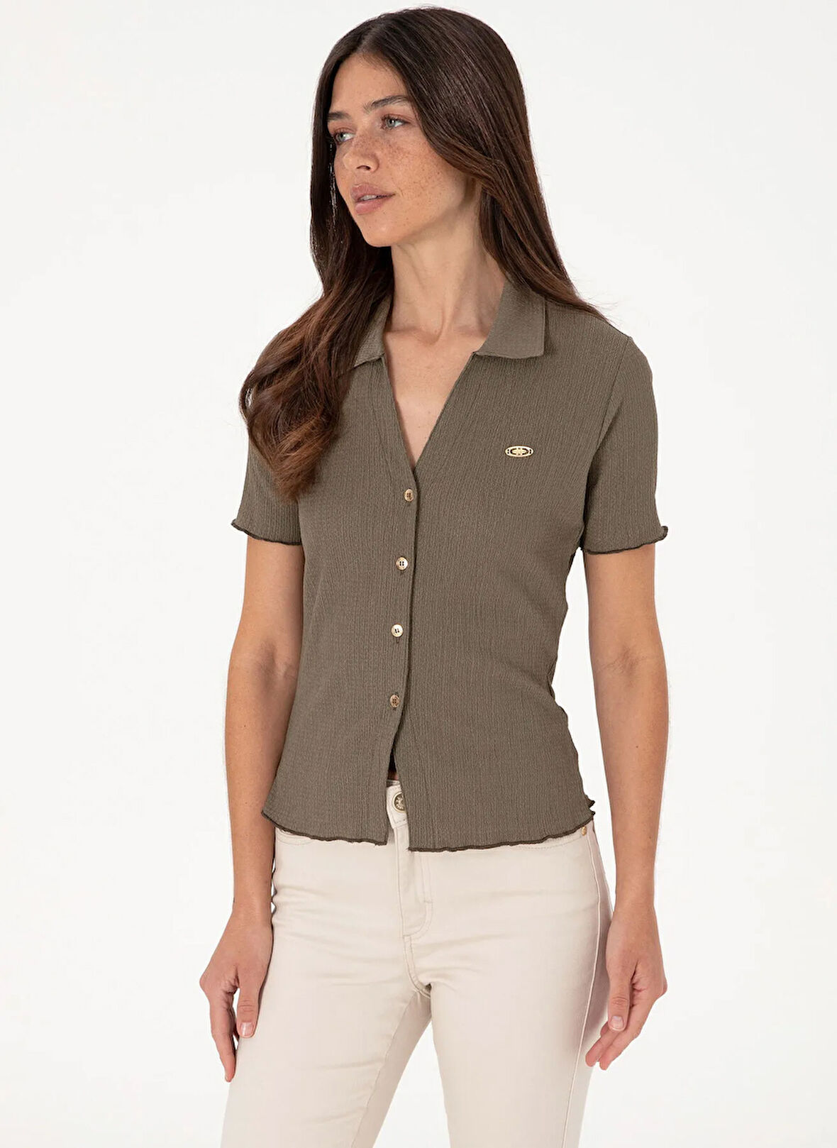 U.S. Polo Assn. Slim Fit V Yaka Vizon Kadın Gömlek SELEN
