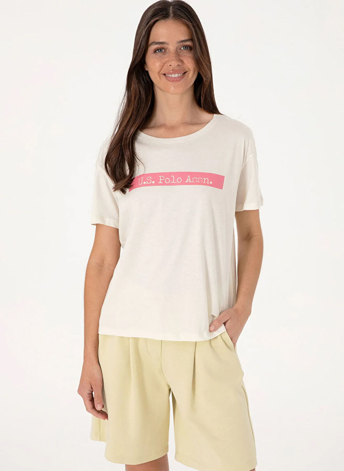 U.S. Polo Assn. Bisiklet Yaka Krem Kadın T-Shirt GEORGI