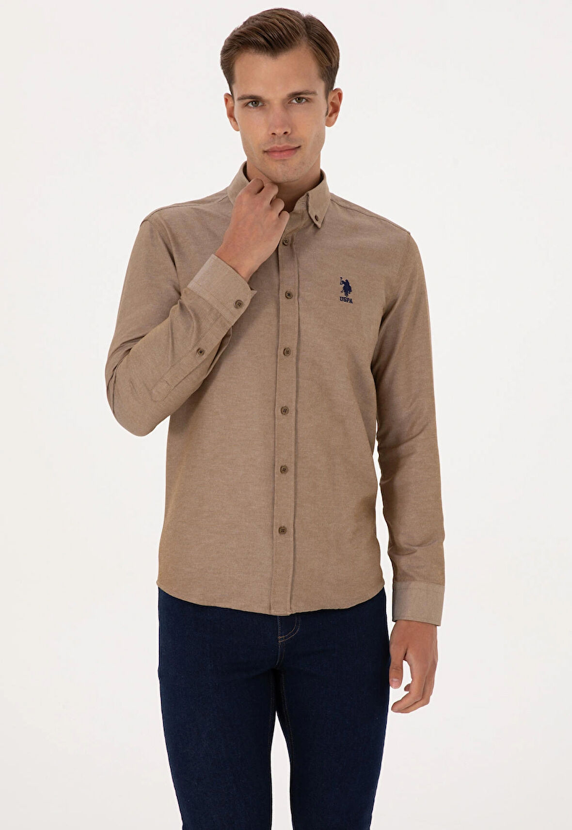 U.S. Polo Assn. Haki Erkek Düğmeli Slim Fit Logo Baskılı Gömlek DMK.GOX