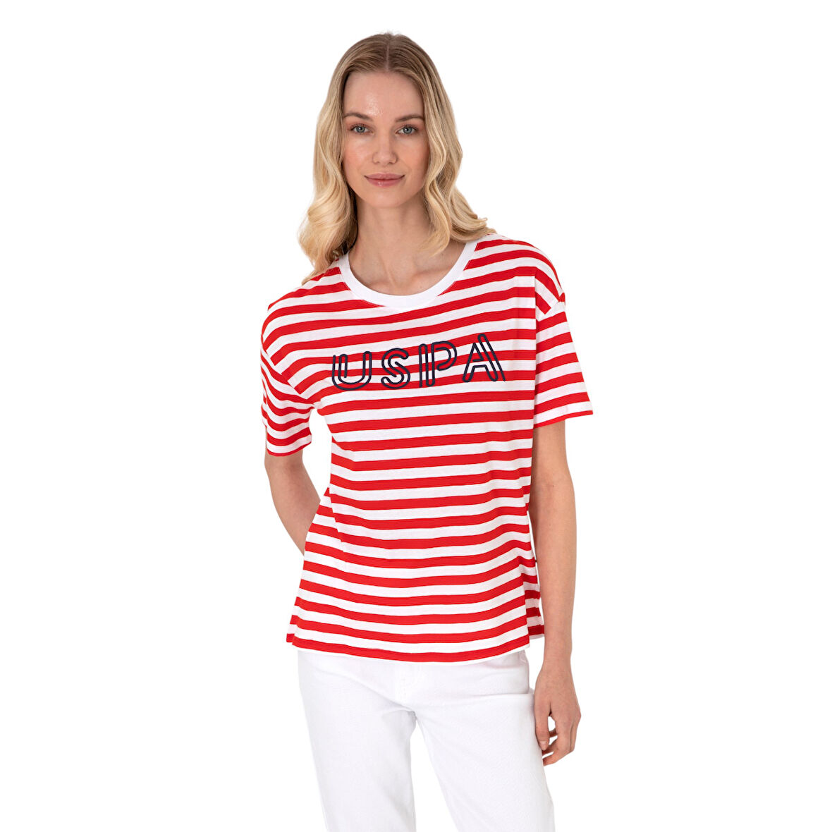 Kadın Kırmızı Çizgili Bisiklet Yaka Tişört