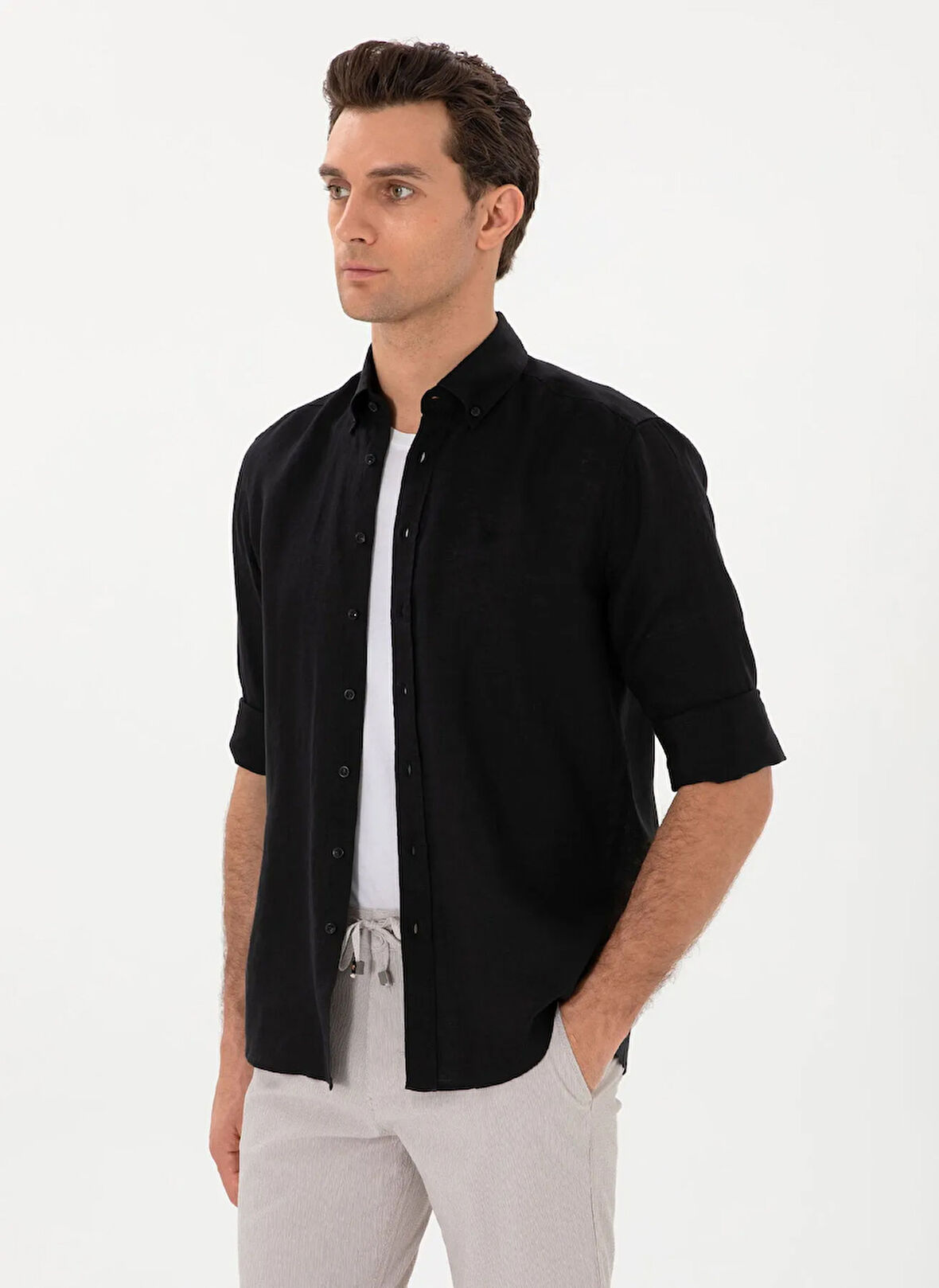 Cacharel Regular Fit Düğmeli Yaka Siyah Erkek Gömlek CAHAREXC