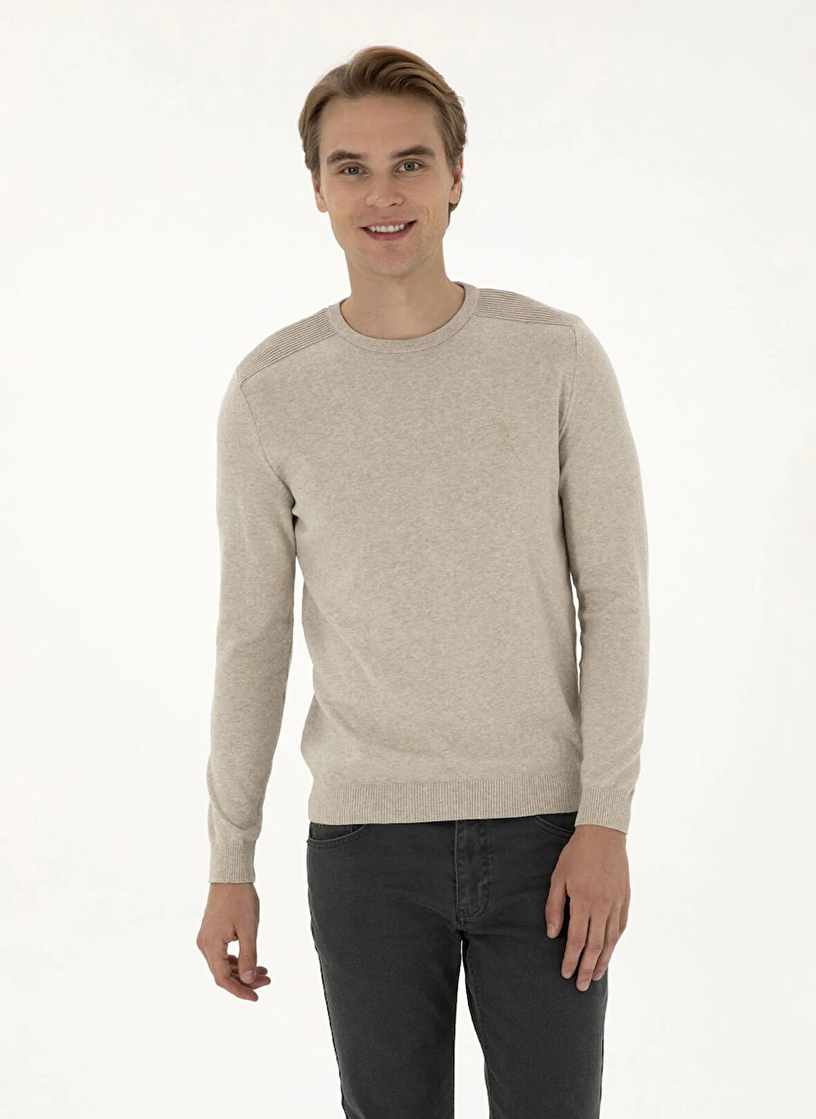 U.S. Polo Assn. Bisiklet Yaka Slim Fit Taş Melanj Erkek Kazak TD01-B