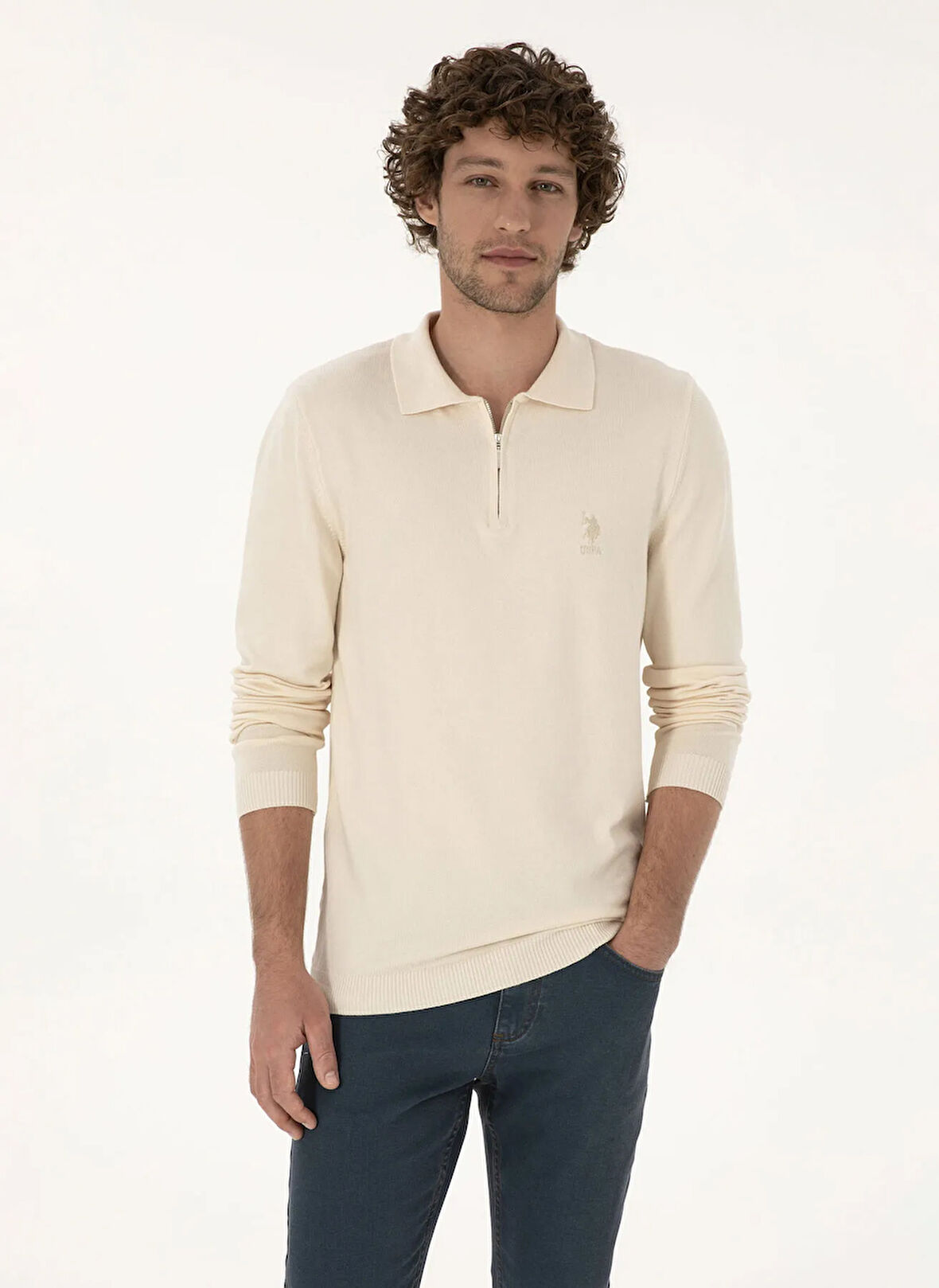 U.S. Polo Assn. Polo Yaka Slim Fit Beyaz Erkek Kazak FARAH