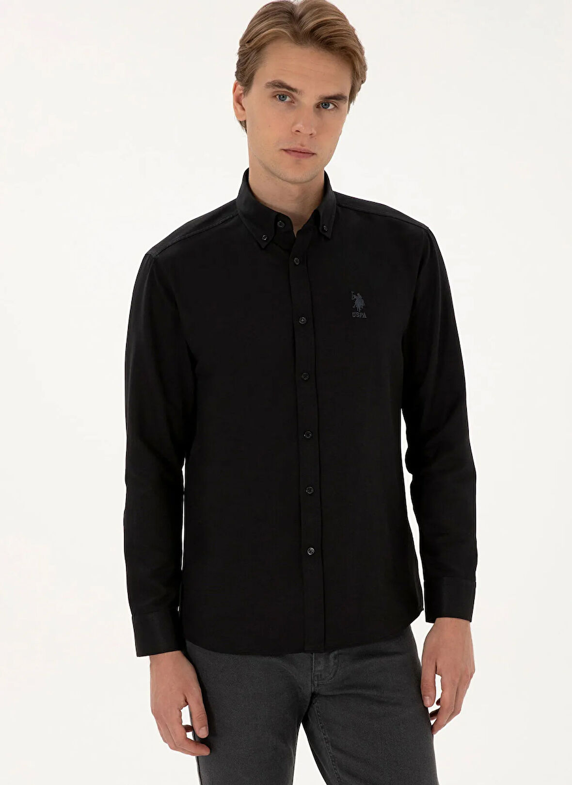 U.S. Polo Assn. Regular Fit Düğmeli Yaka Siyah Erkek Gömlek GOXREG