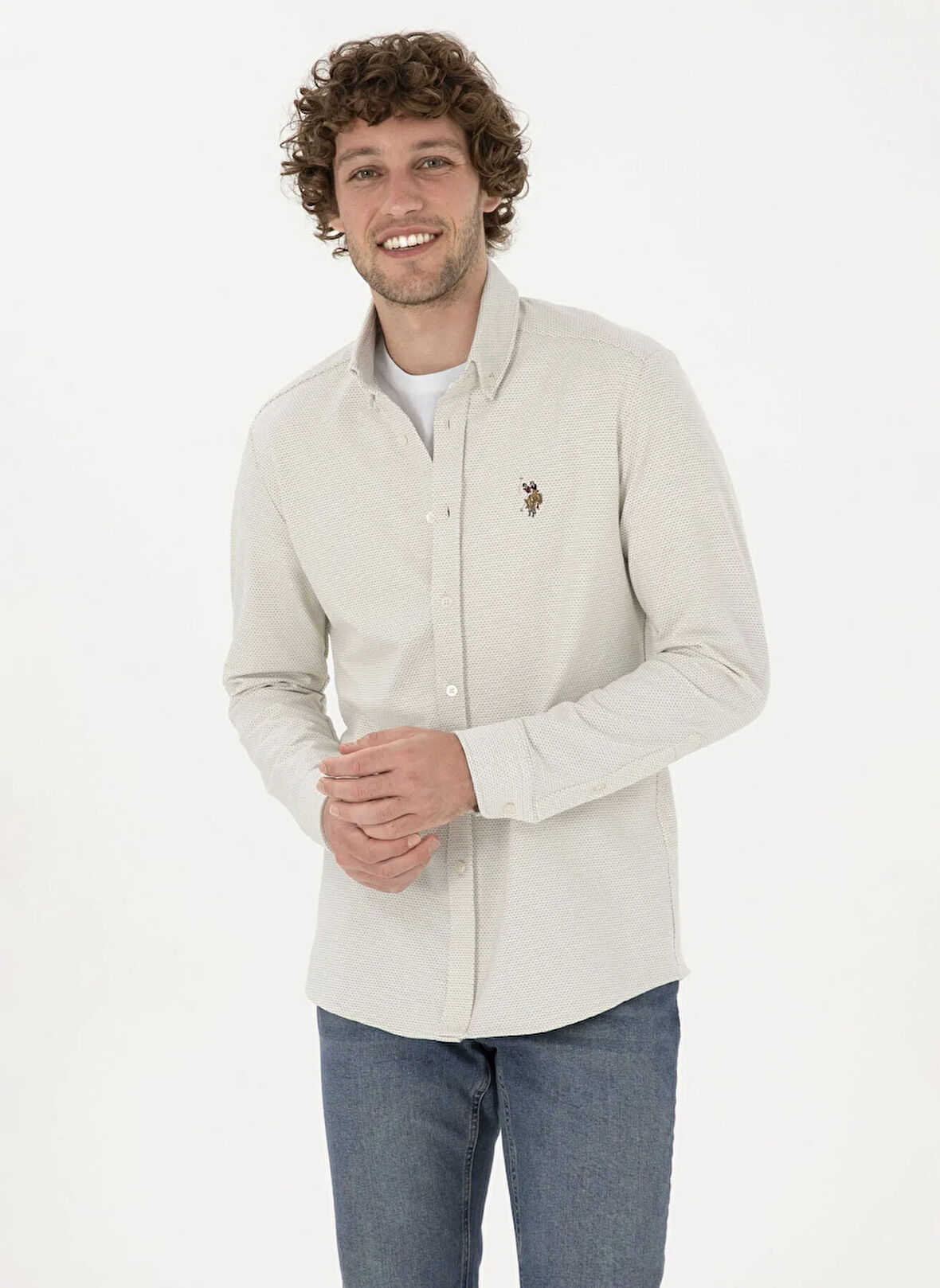 U.S. Polo Assn. Slim Fit Düğmeli Yaka Ekru Erkek Gömlek TUBAK