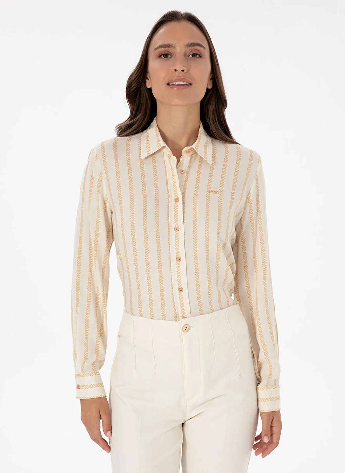 U.S. Polo Assn. Regular Fit Gömlek Yaka Çizgili Beyaz Kadın Gömlek GRUSS