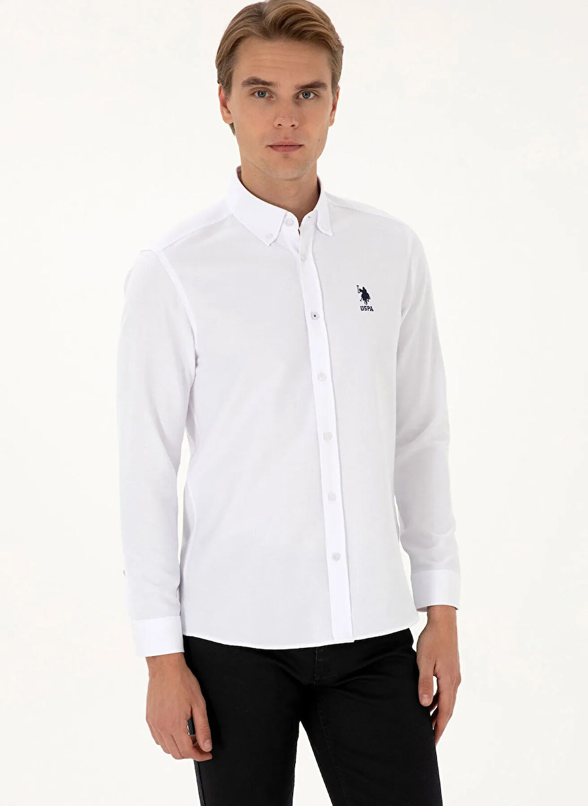 U.S. Polo Assn. Slim Fit Düğmeli Yaka Beyaz Erkek Gömlek NOVA