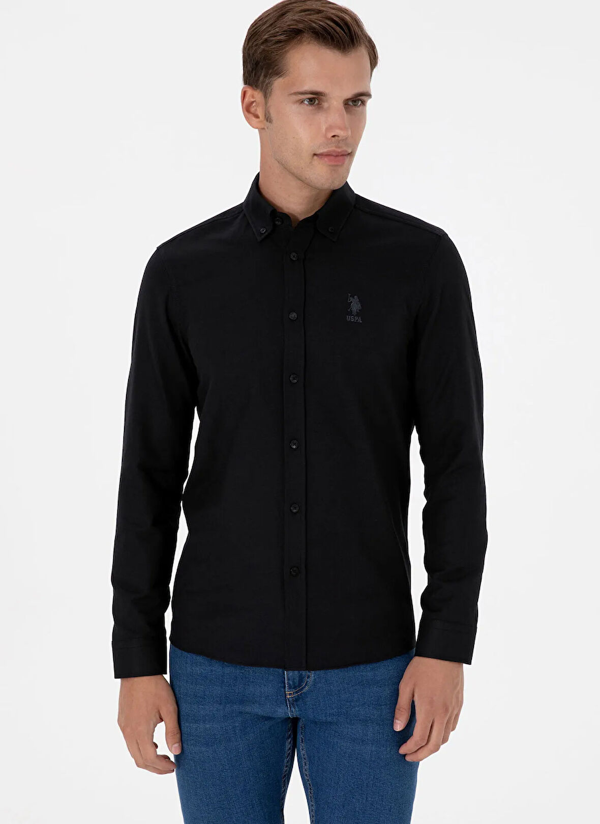 U.S. Polo Assn. Slim Fit Düğmeli Yaka Siyah Erkek Gömlek NOVA