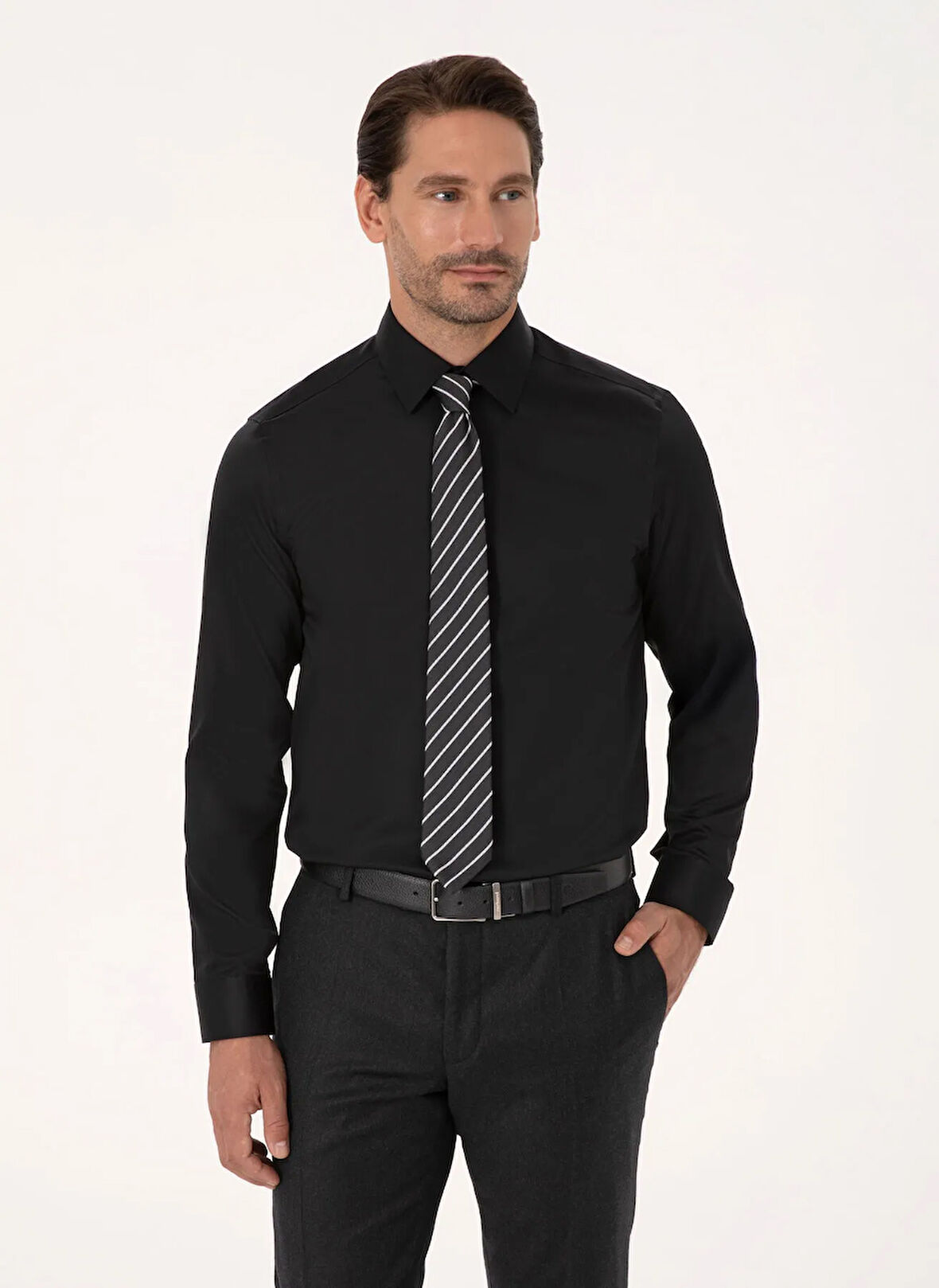 Cacharel Siyah Erkek İtalyan Slim Fit Çizgili Gömlek NONAX