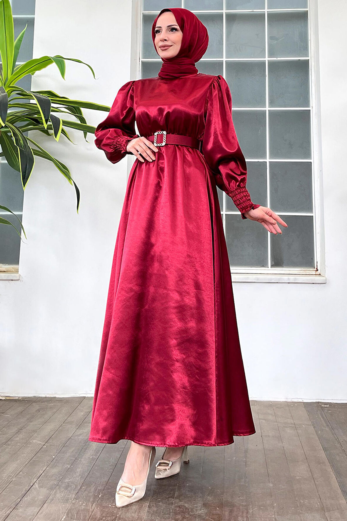 Düz Bisiklet Yaka Kadın Bordo Elbise - 11481