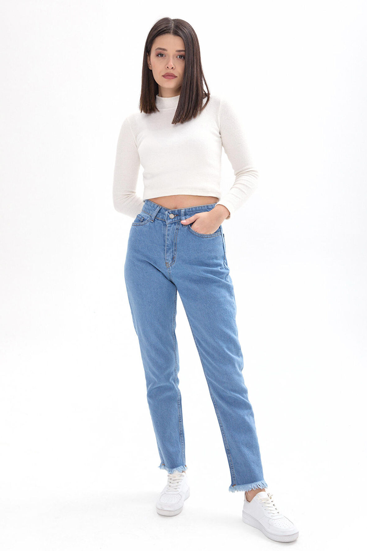 Düz Orta Kadın Mavi Yüksek Bel Paça Püsküllü Mom Jeans - 23670